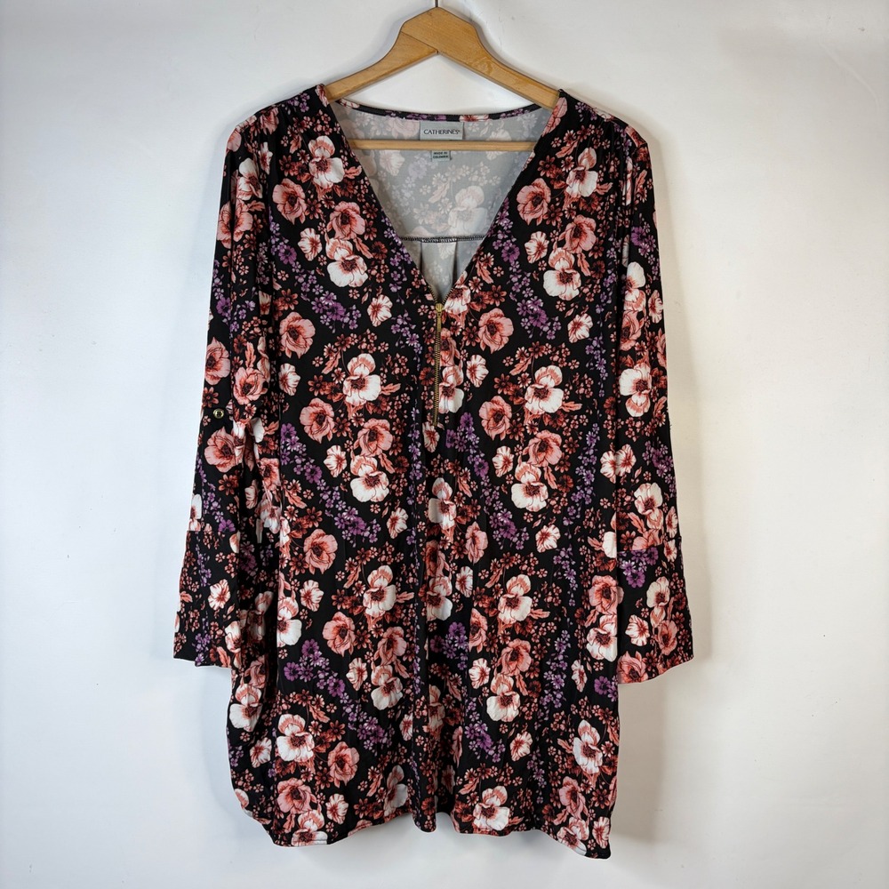 Catherines Tunic Women 2X Multicolor Floral Zipper V-Neck 3/4 Roll-Tab Sleeve